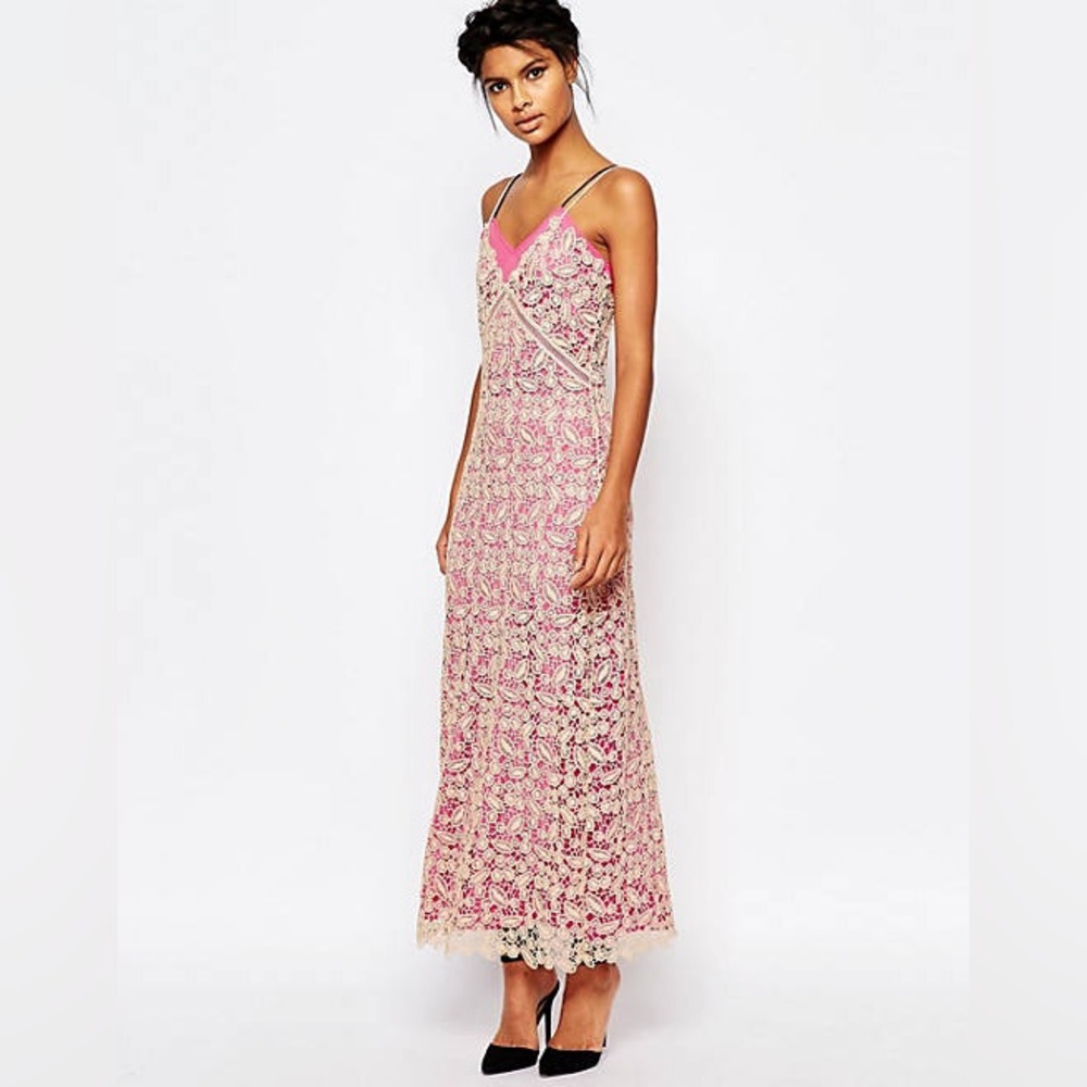 Self Portrait Lace Shell Maxi Slip Dress with Pink Lining